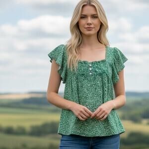 Draper James RSVP Smocked Top Womens Medium Kelly Green Floral Flutter Sleeve